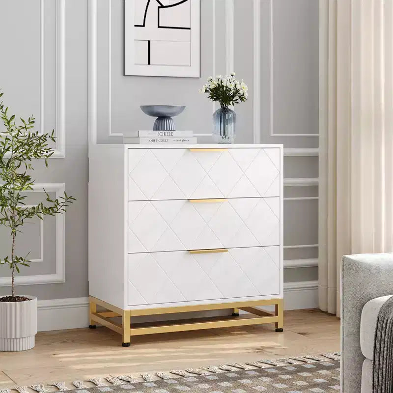Three-drawer storage cabinet, bedside table with storage function, dressing table, gold handle, suitable for bedroom, living room and entrance