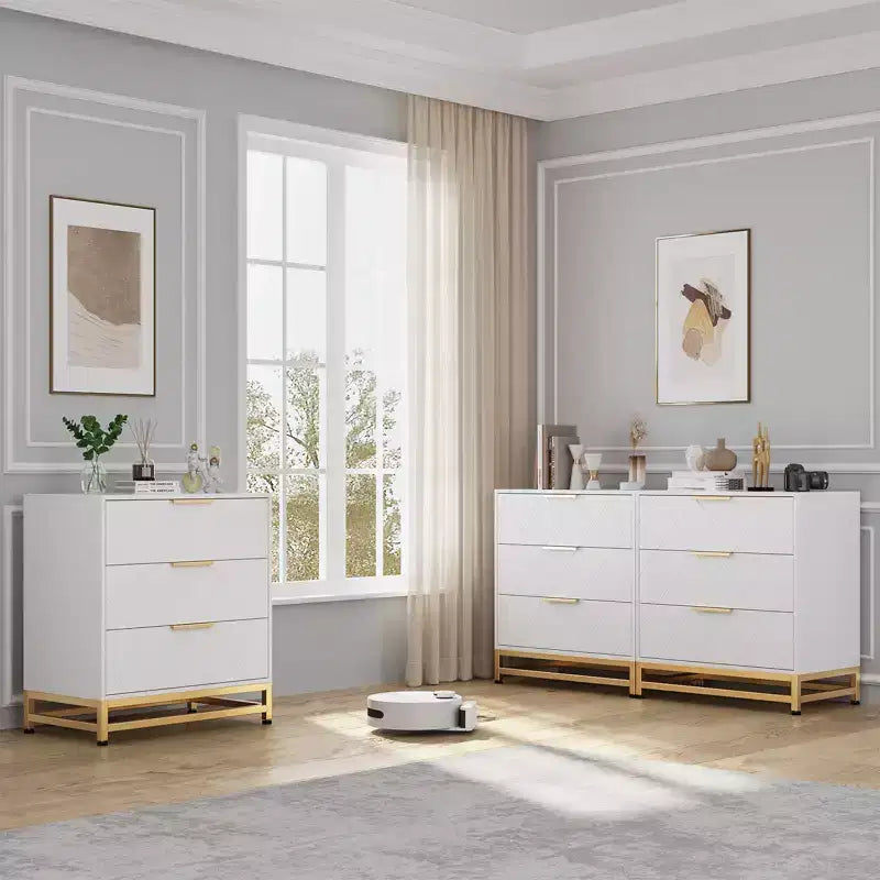 Three-drawer storage cabinet, bedside table with storage function, dressing table, gold handle, suitable for bedroom, living room and entrance