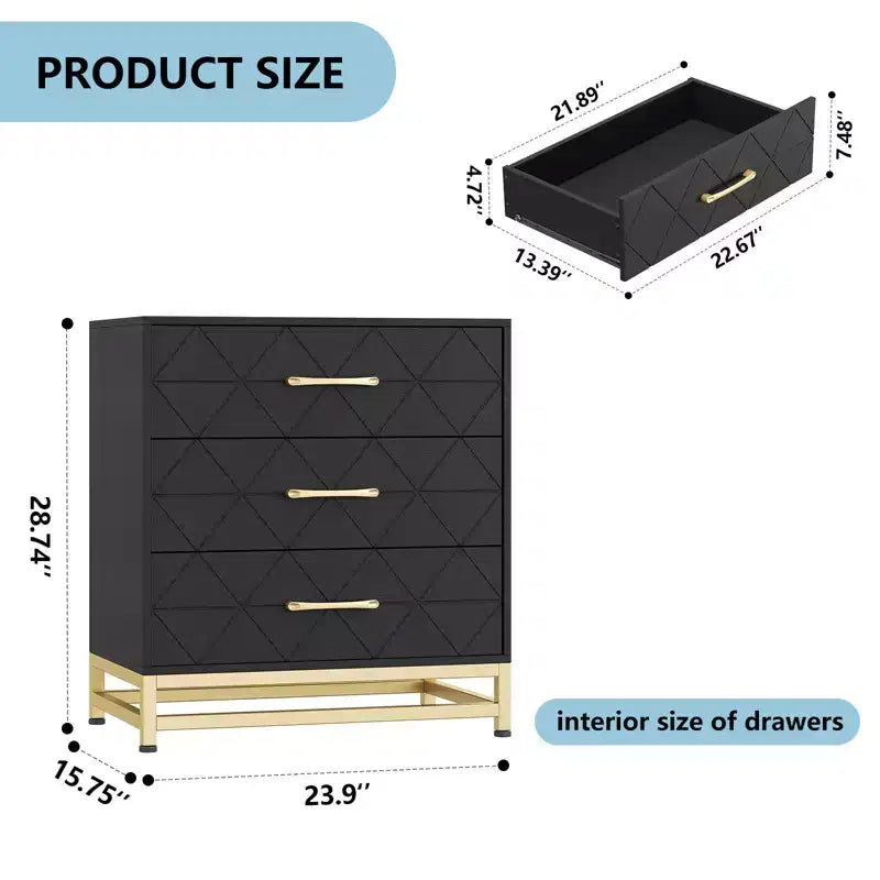 Three-drawer storage cabinet, bedside table with storage function, dressing table, gold handle, suitable for bedroom, living room and entrance