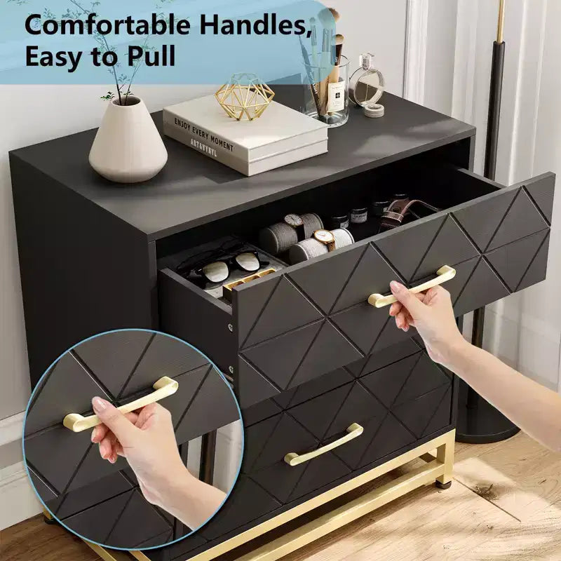 Three-drawer storage cabinet, bedside table with storage function, dressing table, gold handle, suitable for bedroom, living room and entrance