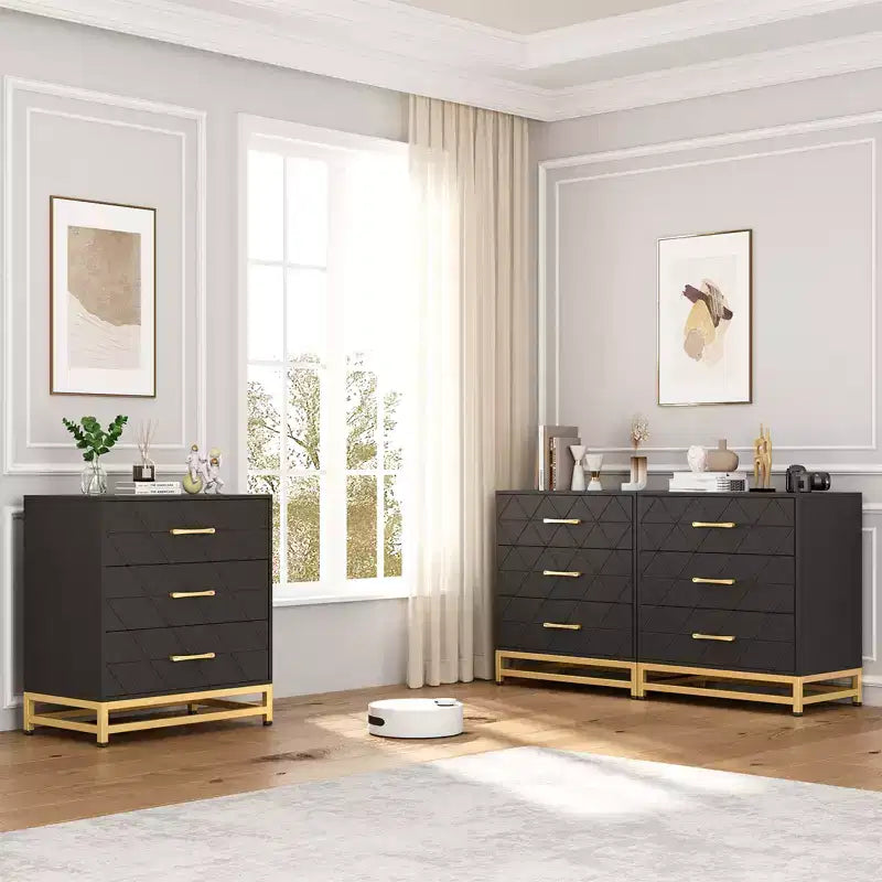Three-drawer storage cabinet, bedside table with storage function, dressing table, gold handle, suitable for bedroom, living room and entrance