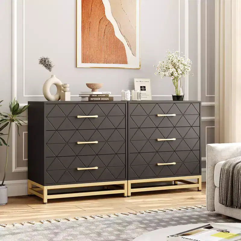Three-drawer storage cabinet, bedside table with storage function, dressing table, gold handle, suitable for bedroom, living room and entrance
