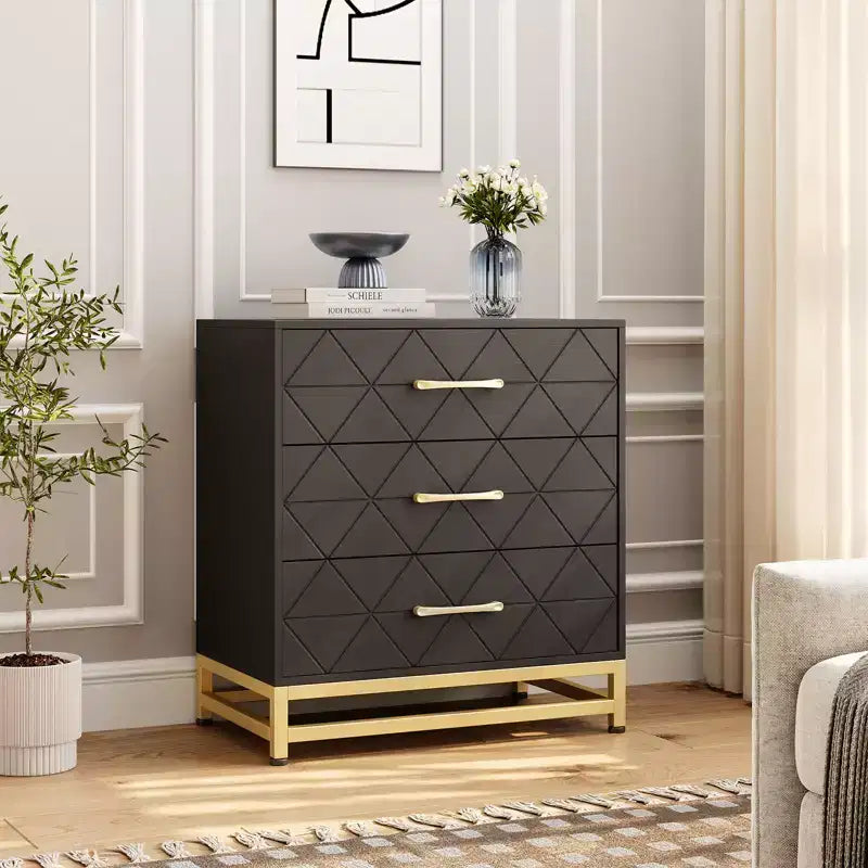Three-drawer storage cabinet, bedside table with storage function, dressing table, gold handle, suitable for bedroom, living room and entrance