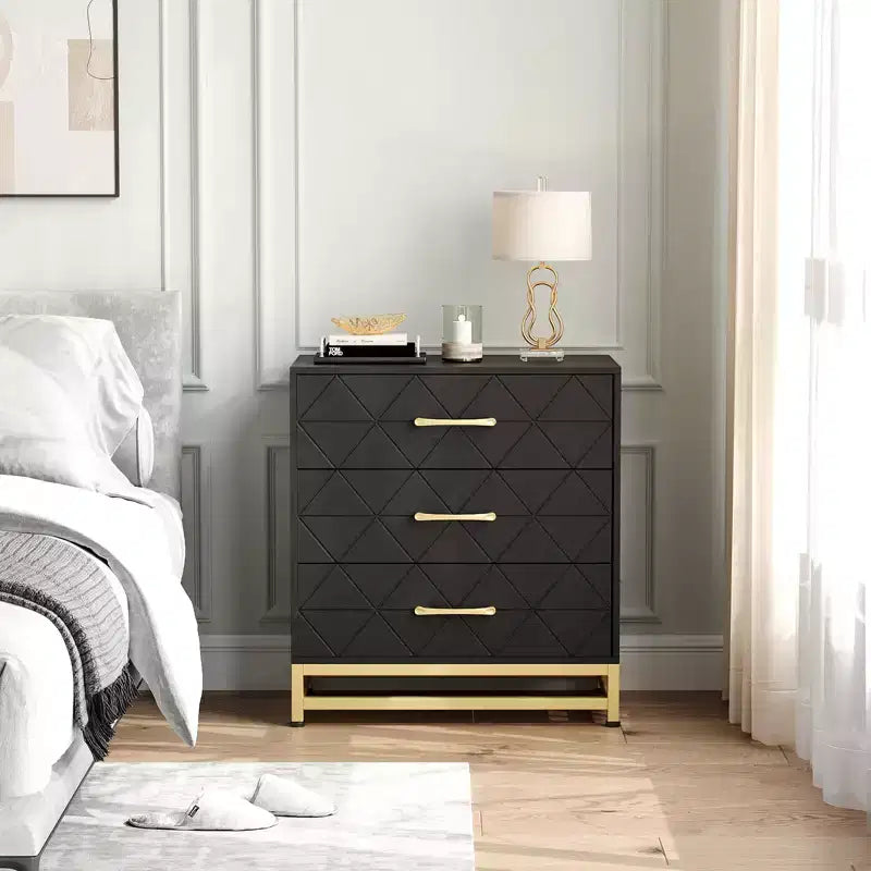 Three-drawer storage cabinet, bedside table with storage function, dressing table, gold handle, suitable for bedroom, living room and entrance