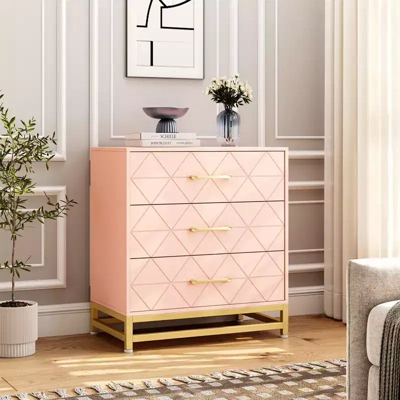 Three-drawer storage cabinet, bedside table with storage function, dressing table, gold handle, suitable for bedroom, living room and entrance