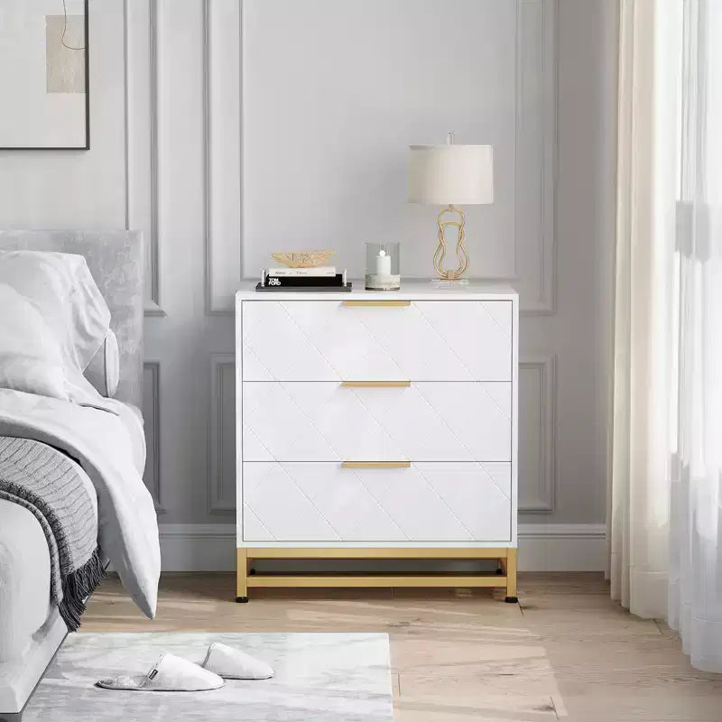 Three-drawer storage cabinet, bedside table with storage function, dressing table, gold handle, suitable for bedroom, living room and entrance