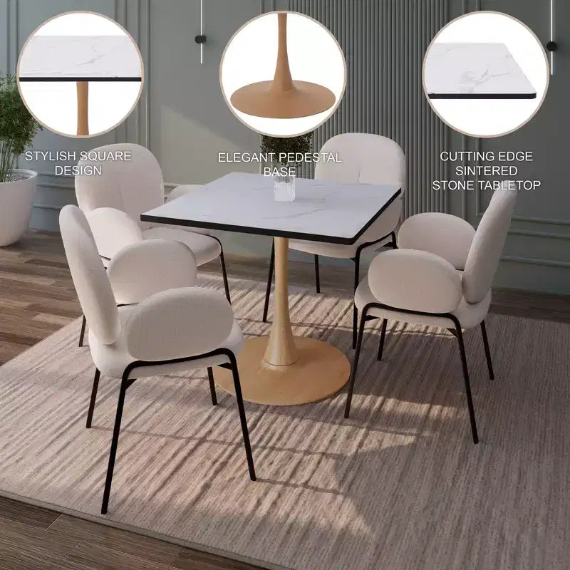 27 Square Dining Table with Marbled White MDF Top and Steel Pedestal Base for Modern Kitchen and Dining Room