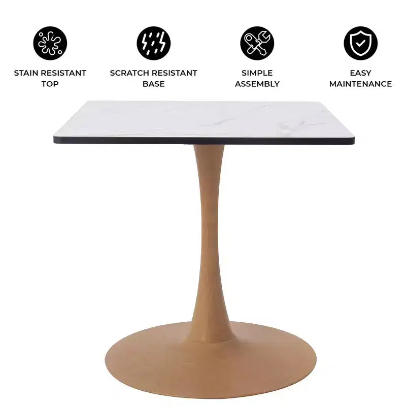 27 Square Dining Table with Marbled White MDF Top and Steel Pedestal Base for Modern Kitchen and Dining Room