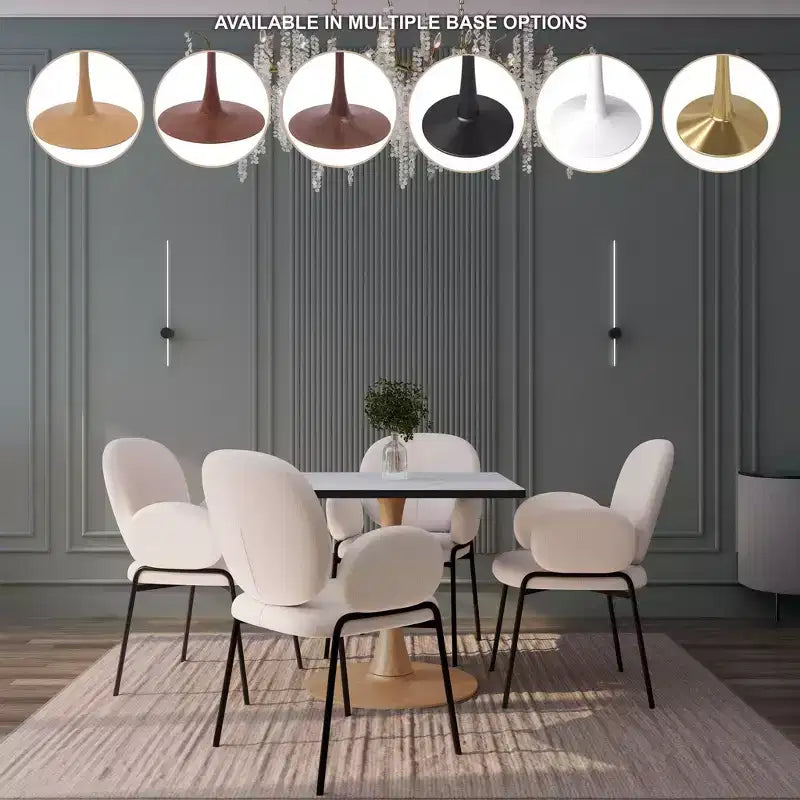 27 Square Dining Table with Marbled White MDF Top and Steel Pedestal Base for Modern Kitchen and Dining Room