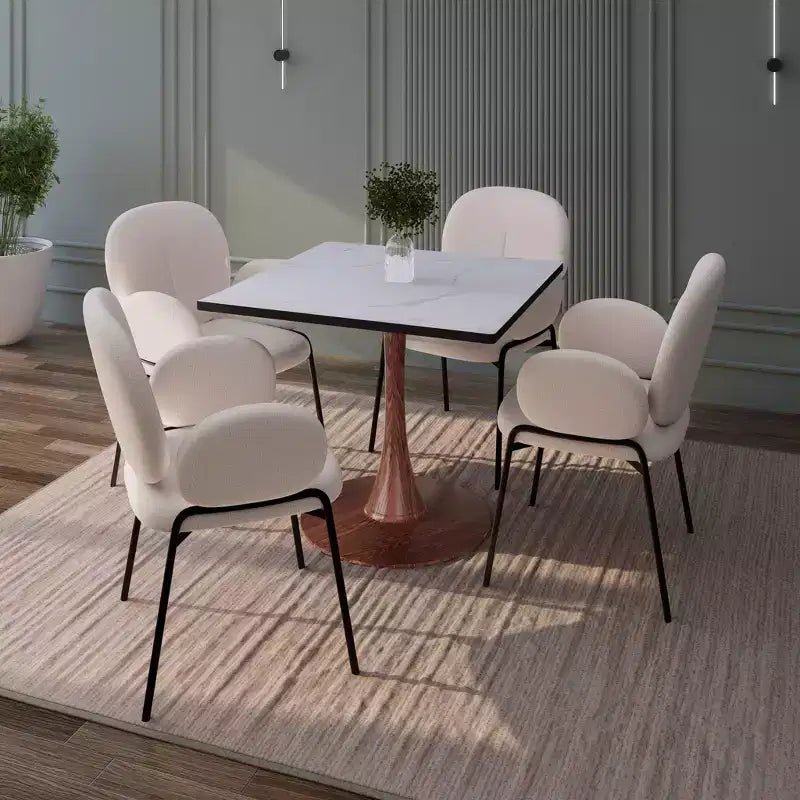 27 Square Dining Table with Marbled White MDF Top and Steel Pedestal Base for Modern Kitchen and Dining Room