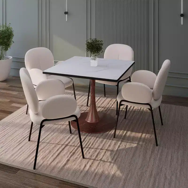 27 Square Dining Table with Marbled White MDF Top and Steel Pedestal Base for Modern Kitchen and Dining Room