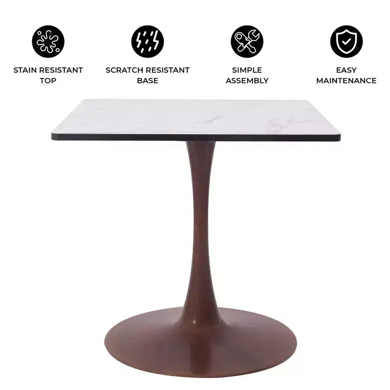 27 Square Dining Table with Marbled White MDF Top and Steel Pedestal Base for Modern Kitchen and Dining Room