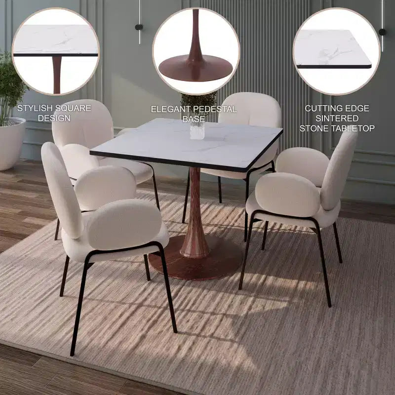 27 Square Dining Table with Marbled White MDF Top and Steel Pedestal Base for Modern Kitchen and Dining Room