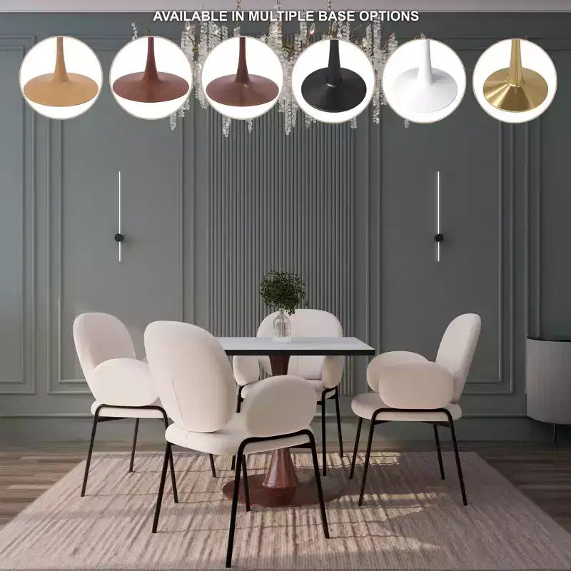 27 Square Dining Table with Marbled White MDF Top and Steel Pedestal Base for Modern Kitchen and Dining Room