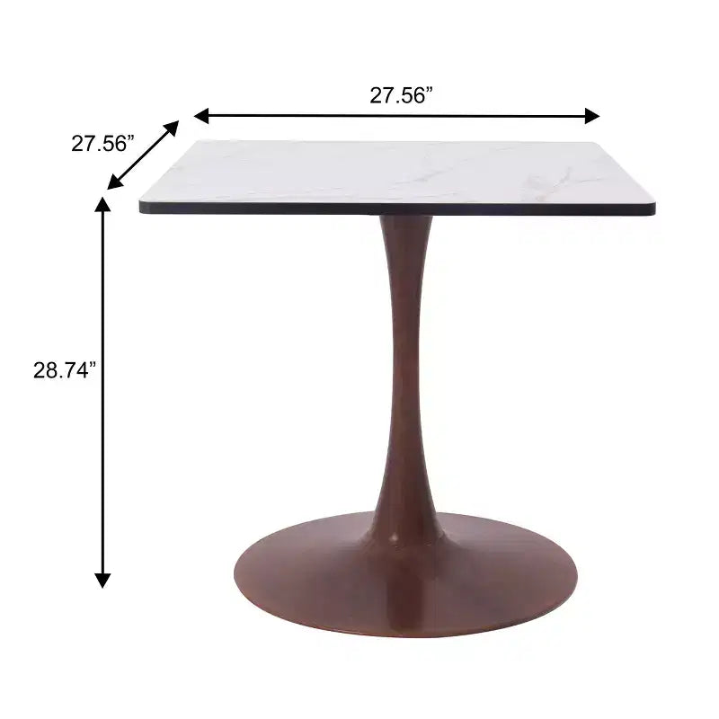 27 Square Dining Table with Marbled White MDF Top and Steel Pedestal Base for Modern Kitchen and Dining Room