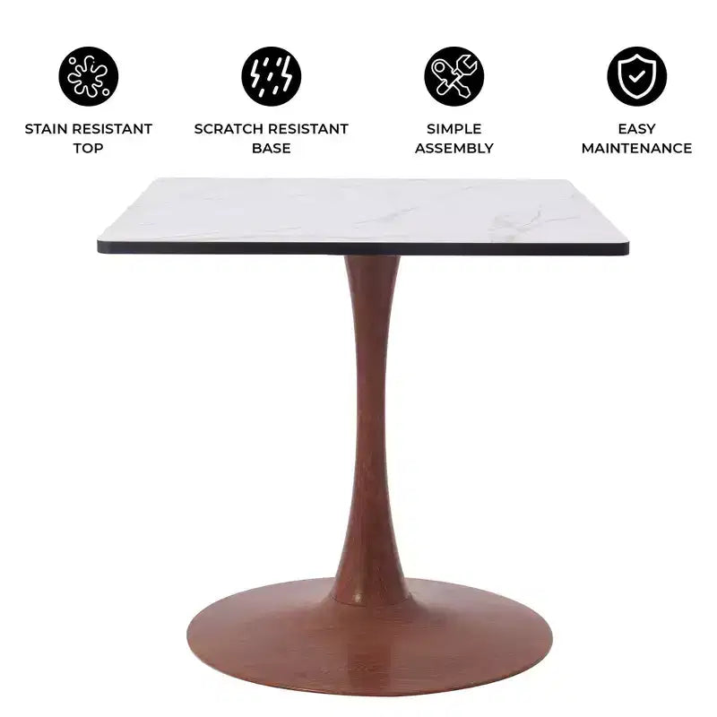 27 Square Dining Table with Marbled White MDF Top and Steel Pedestal Base for Modern Kitchen and Dining Room