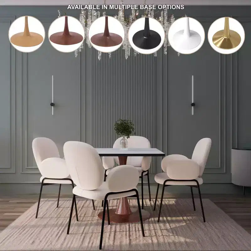 27 Square Dining Table with Marbled White MDF Top and Steel Pedestal Base for Modern Kitchen and Dining Room