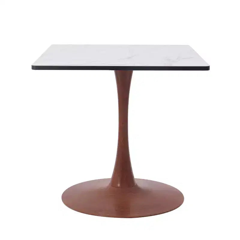 LeisureMod Bristol 27 Square Dining Table with Marbled White MDF Top and Steel Pedestal Base for Modern Kitchen and Dining Room
