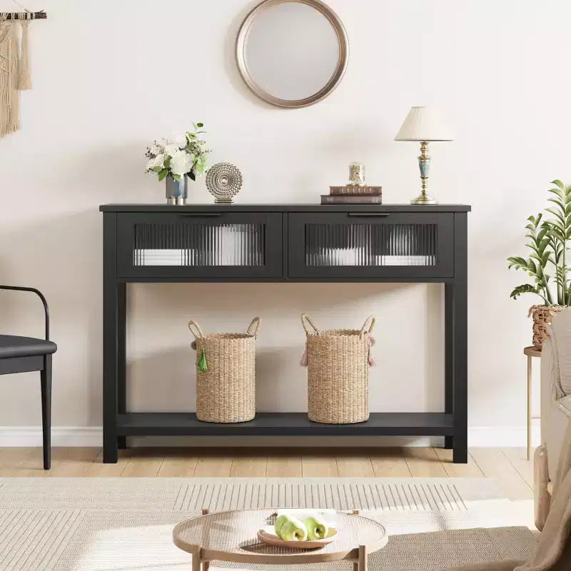 43 Console Table, Double Sofa Table with Storage, Wooden Buffet Table, Hallway Table with 2 Glass Drawers for Entryway, Hallway, Living Room