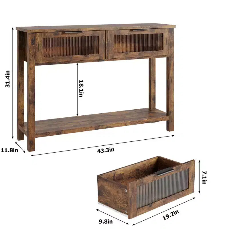 43 Console Table, Double Sofa Table with Storage, Wooden Buffet Table, Hallway Table with 2 Glass Drawers for Entryway, Hallway, Living Room