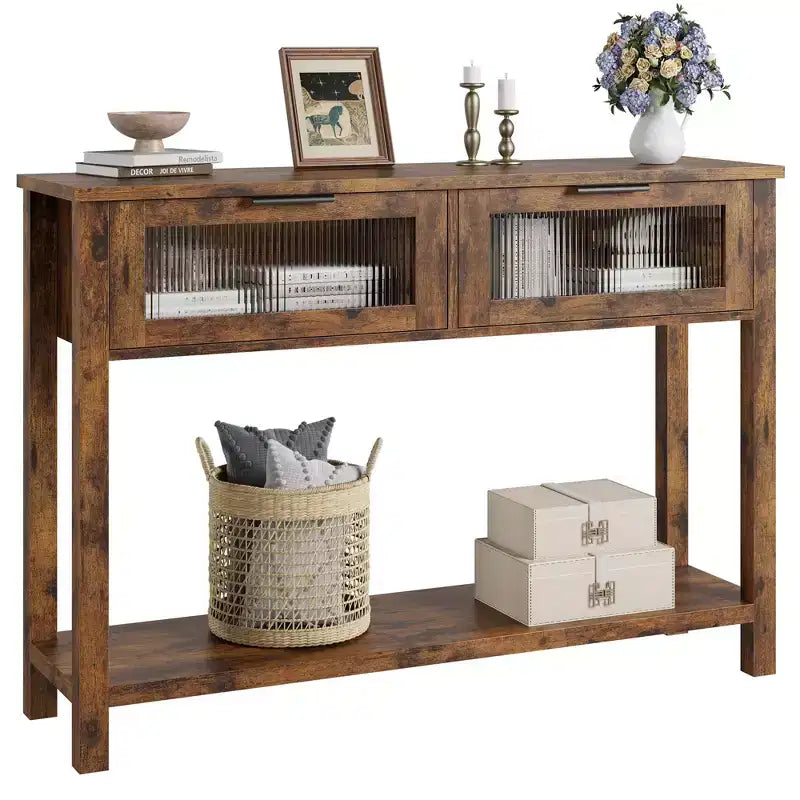 43 Console Table, Double Sofa Table with Storage, Wooden Buffet Table, Hallway Table with 2 Glass Drawers for Entryway, Hallway, Living Room