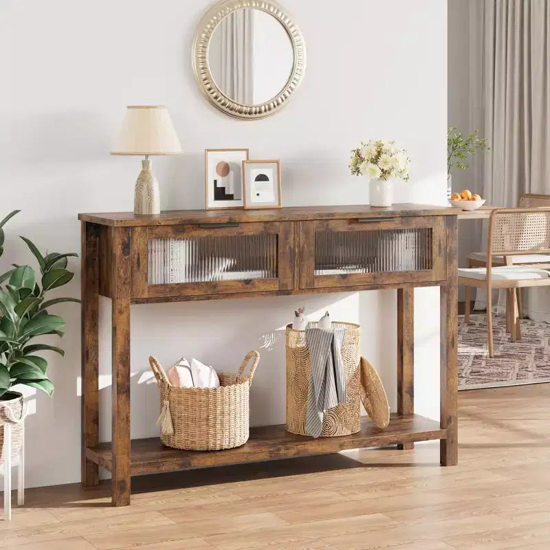 43 Console Table, Double Sofa Table with Storage, Wooden Buffet Table, Hallway Table with 2 Glass Drawers for Entryway, Hallway, Living Room