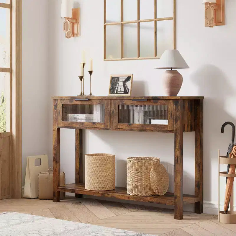 43 Console Table, Double Sofa Table with Storage, Wooden Buffet Table, Hallway Table with 2 Glass Drawers for Entryway, Hallway, Living Room