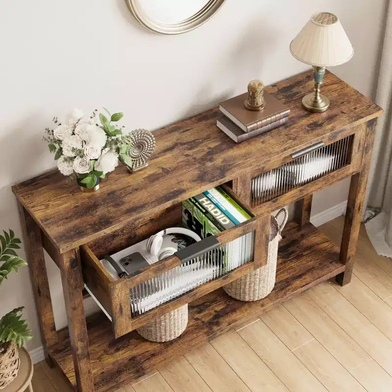 43 Console Table, Double Sofa Table with Storage, Wooden Buffet Table, Hallway Table with 2 Glass Drawers for Entryway, Hallway, Living Room