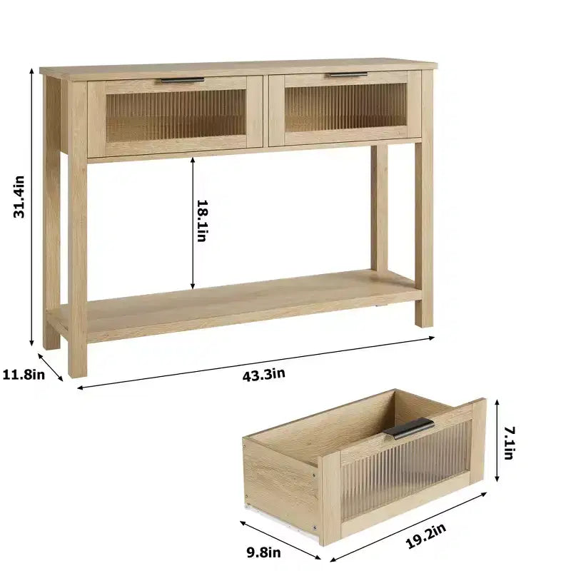 43 Console Table, Double Sofa Table with Storage, Wooden Buffet Table, Hallway Table with 2 Glass Drawers for Entryway, Hallway, Living Room