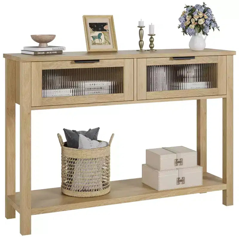 43 Console Table, Double Sofa Table with Storage, Wooden Buffet Table, Hallway Table with 2 Glass Drawers for Entryway, Hallway, Living Room