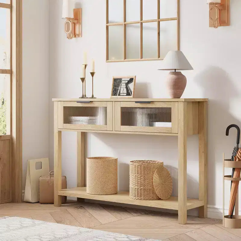 43 Console Table, Double Sofa Table with Storage, Wooden Buffet Table, Hallway Table with 2 Glass Drawers for Entryway, Hallway, Living Room