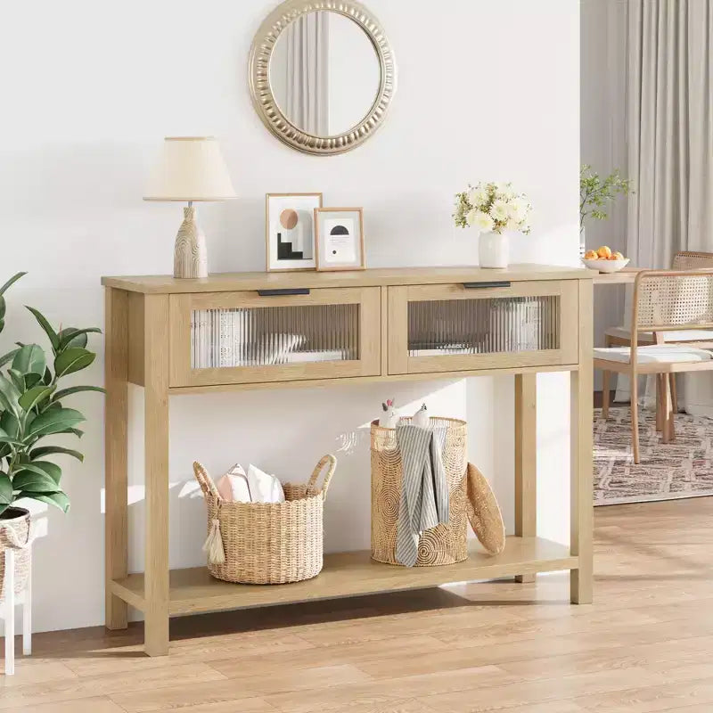 43 Console Table, Double Sofa Table with Storage, Wooden Buffet Table, Hallway Table with 2 Glass Drawers for Entryway, Hallway, Living Room