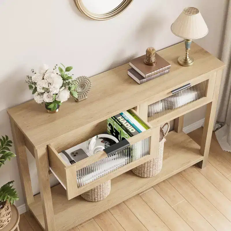 43 Console Table, Double Sofa Table with Storage, Wooden Buffet Table, Hallway Table with 2 Glass Drawers for Entryway, Hallway, Living Room