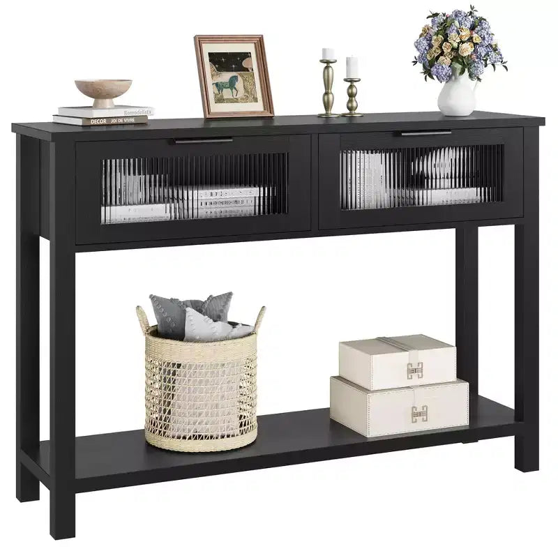 43 Console Table, Double Sofa Table with Storage, Wooden Buffet Table, Hallway Table with 2 Glass Drawers for Entryway, Hallway, Living Room