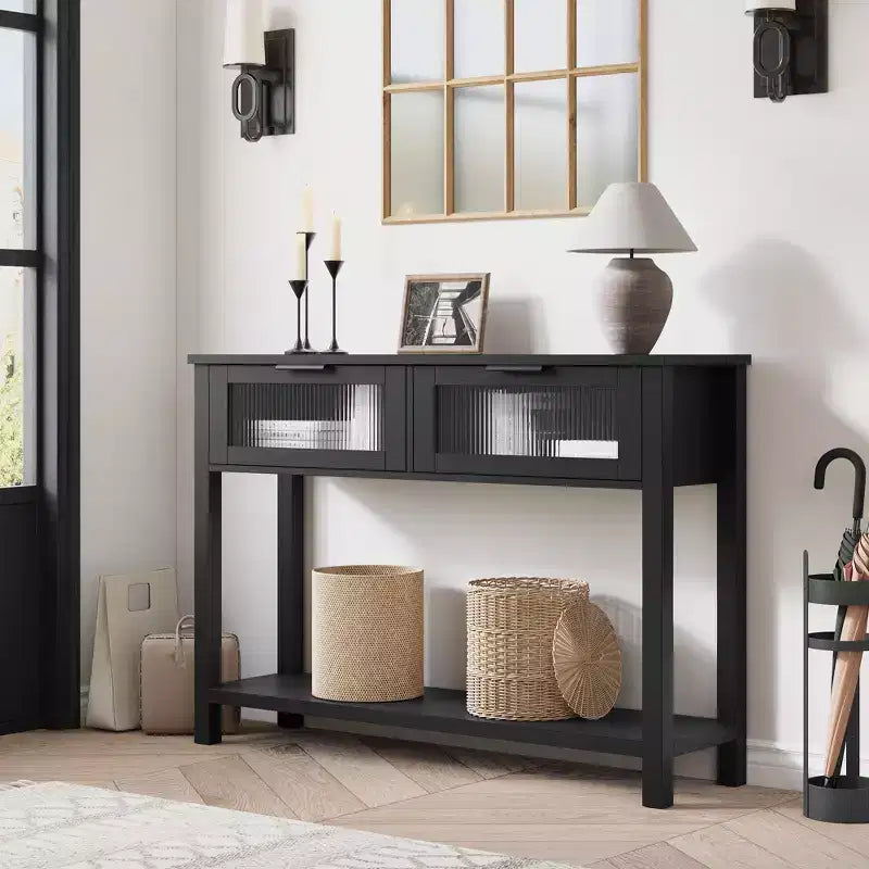 43 Console Table, Double Sofa Table with Storage, Wooden Buffet Table, Hallway Table with 2 Glass Drawers for Entryway, Hallway, Living Room