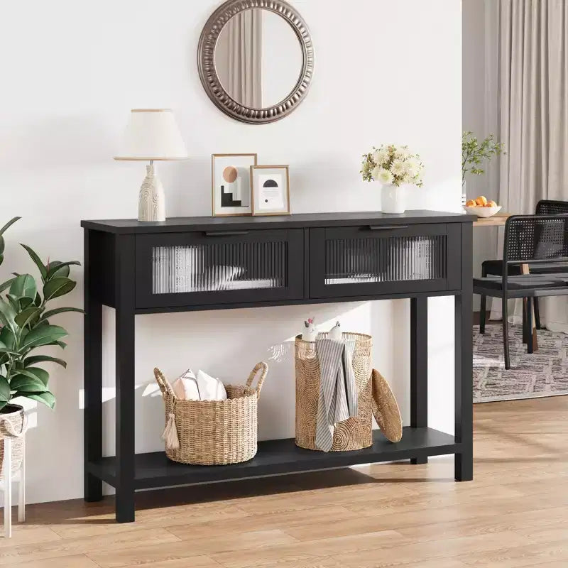 43 Console Table, Double Sofa Table with Storage, Wooden Buffet Table, Hallway Table with 2 Glass Drawers for Entryway, Hallway, Living Room