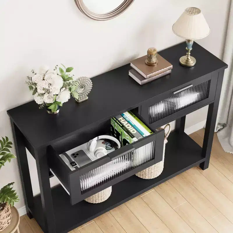 43 Console Table, Double Sofa Table with Storage, Wooden Buffet Table, Hallway Table with 2 Glass Drawers for Entryway, Hallway, Living Room