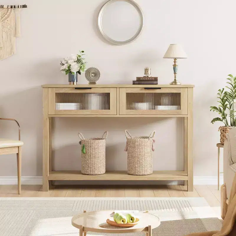 43 Console Table, Double Sofa Table with Storage, Wooden Buffet Table, Hallway Table with 2 Glass Drawers for Entryway, Hallway, Living Room