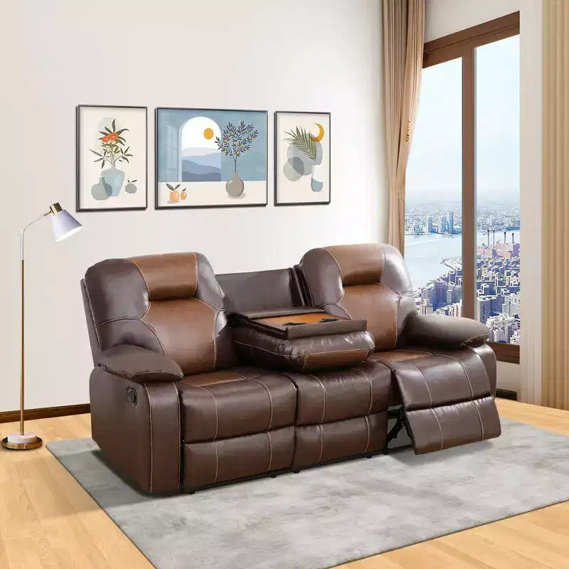 MAYEERTY Reclining Sofa, 3-Seat Breathable Leather Recliner with Reversible Coffee Table for Living Room, Brown