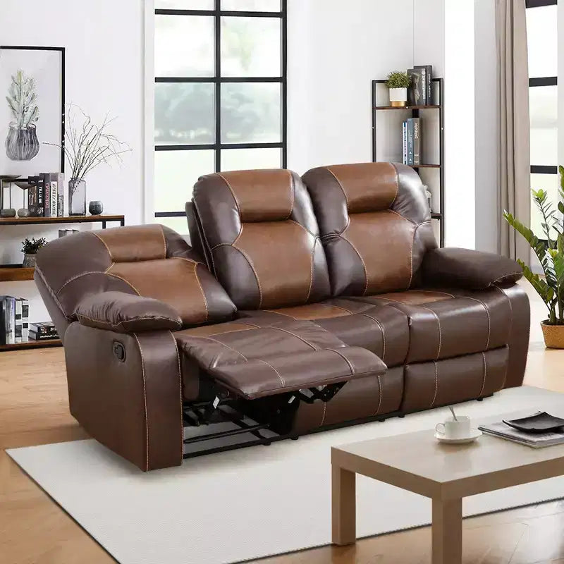 Reclining Sofa, 3-Seat Breathable Leather Recliner with Reversible Coffee Table for Living Room, Brown