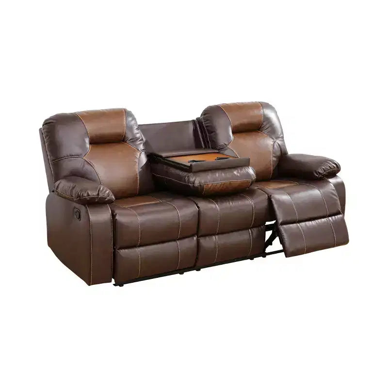 Reclining Sofa, 3-Seat Breathable Leather Recliner with Reversible Coffee Table for Living Room, Brown