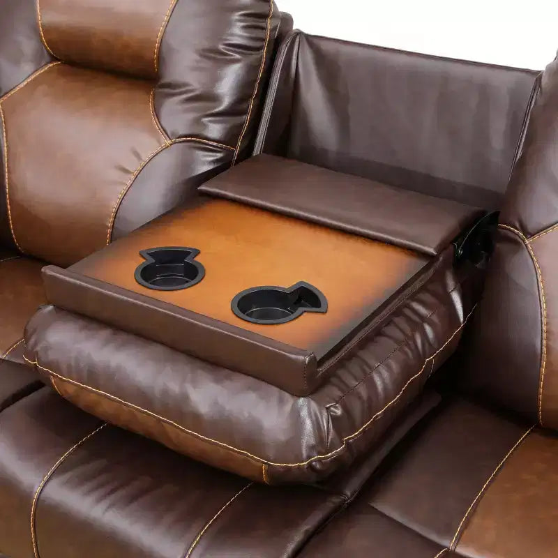Reclining Sofa, 3-Seat Breathable Leather Recliner with Reversible Coffee Table for Living Room, Brown