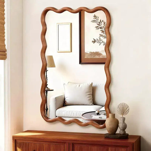 24 x 36 inch Natural Wood Color Wavy Rectangle Solid Wood Frame Wall Decorative Mirror for Home