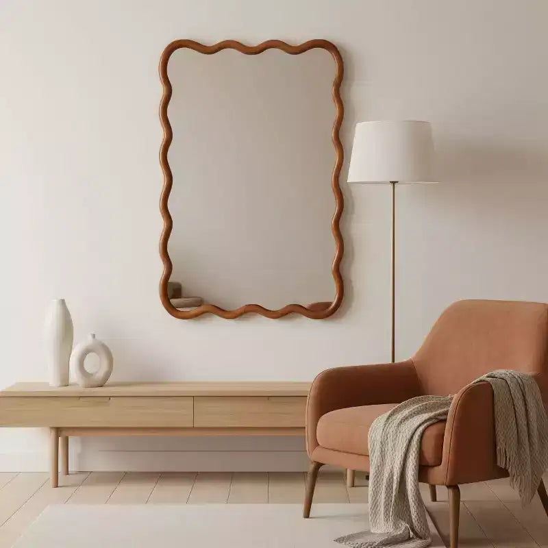 24 x 36 inch Natural Wood Color Wavy Rectangle Solid Wood Frame Wall Decorative Mirror for Home