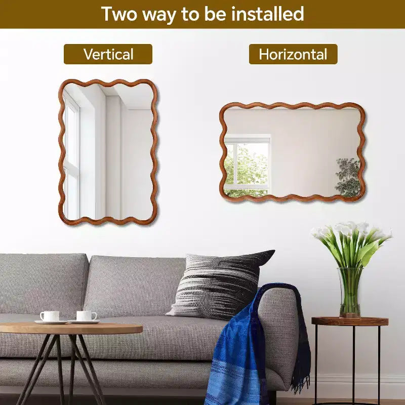 24 x 36 inch Natural Wood Color Wavy Rectangle Solid Wood Frame Wall Decorative Mirror for Home