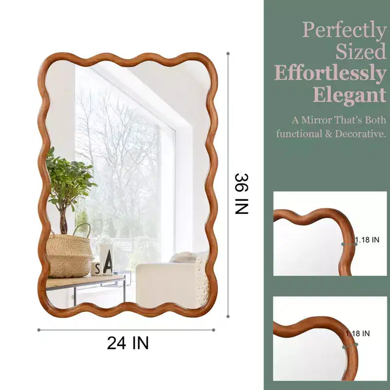 24 x 36 inch Natural Wood Color Wavy Rectangle Solid Wood Frame Wall Decorative Mirror for Home