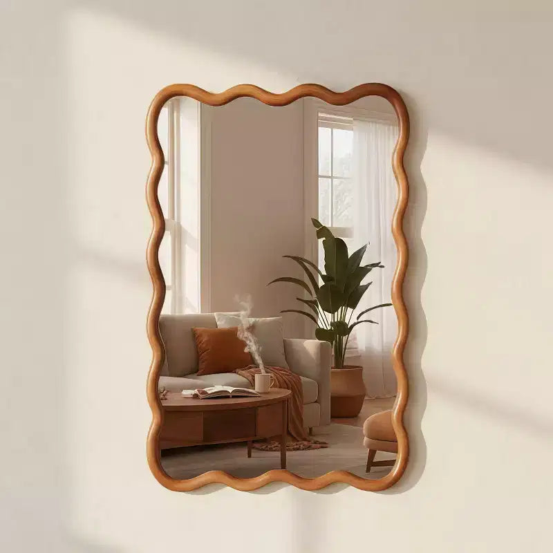 24 x 36 inch Natural Wood Color Wavy Rectangle Solid Wood Frame Wall Decorative Mirror for Home