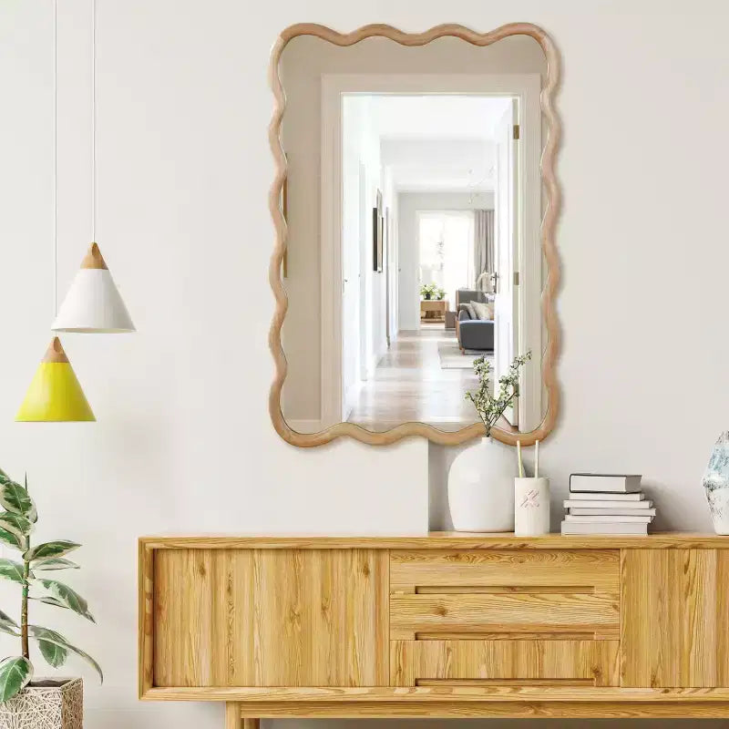 24 x 36 inch Natural Wood Color Wavy Rectangle Solid Wood Frame Wall Decorative Mirror for Home