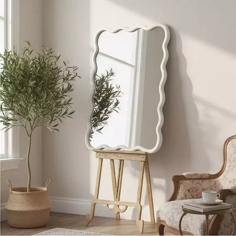 24 x 36 inch Natural Wood Color Wavy Rectangle Solid Wood Frame Wall Decorative Mirror for Home