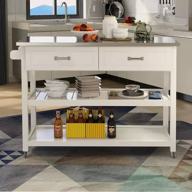 Okak Kitchen Island Table with Stainless Steel Tabletop, Kitchen Cart with 2 Drawers and 2 Open Shelves, Countertop Organizer for Kitchen, White